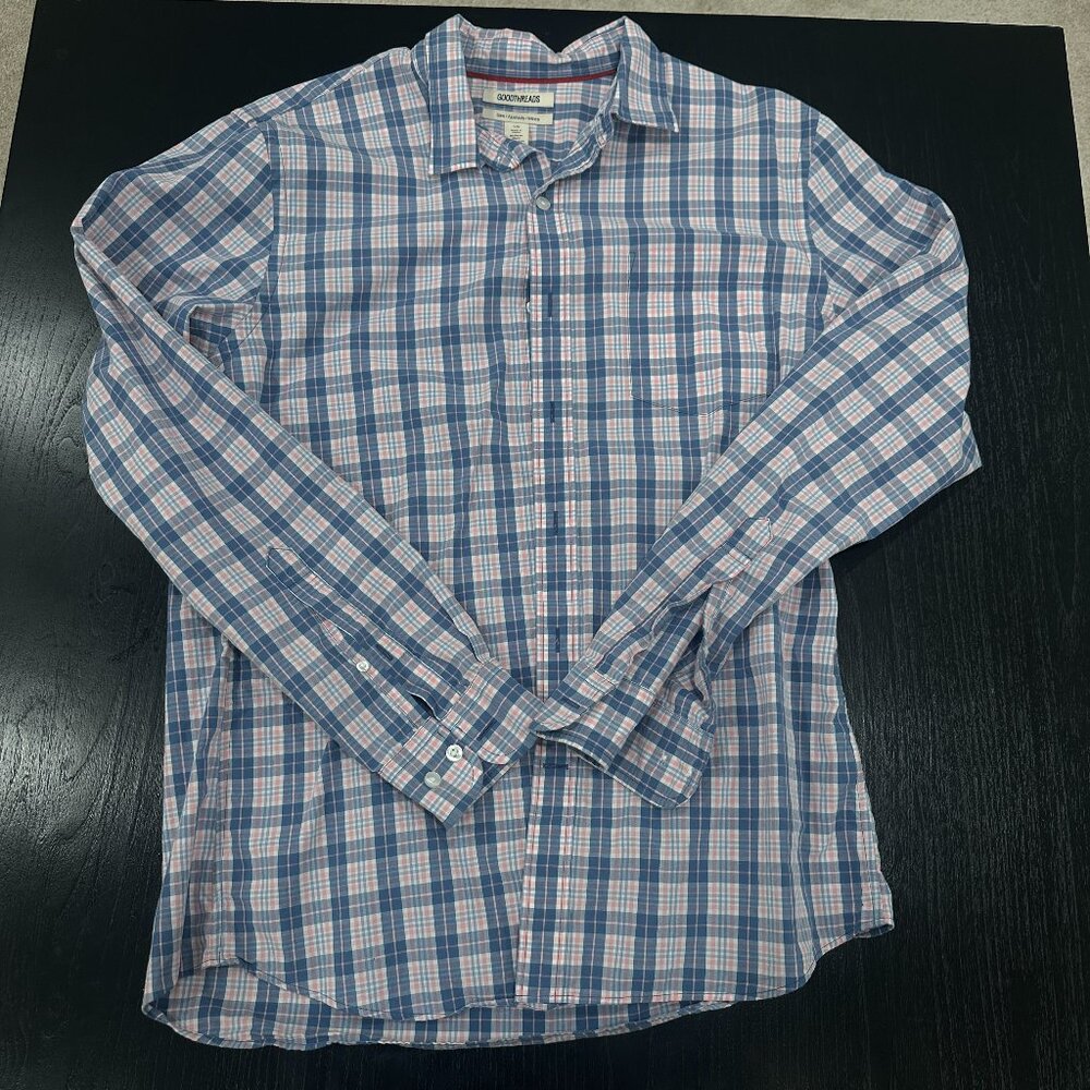 Goodthreads Slim Fit Button Down Shirt Men’s Large L Blue Pink Plaid Casual